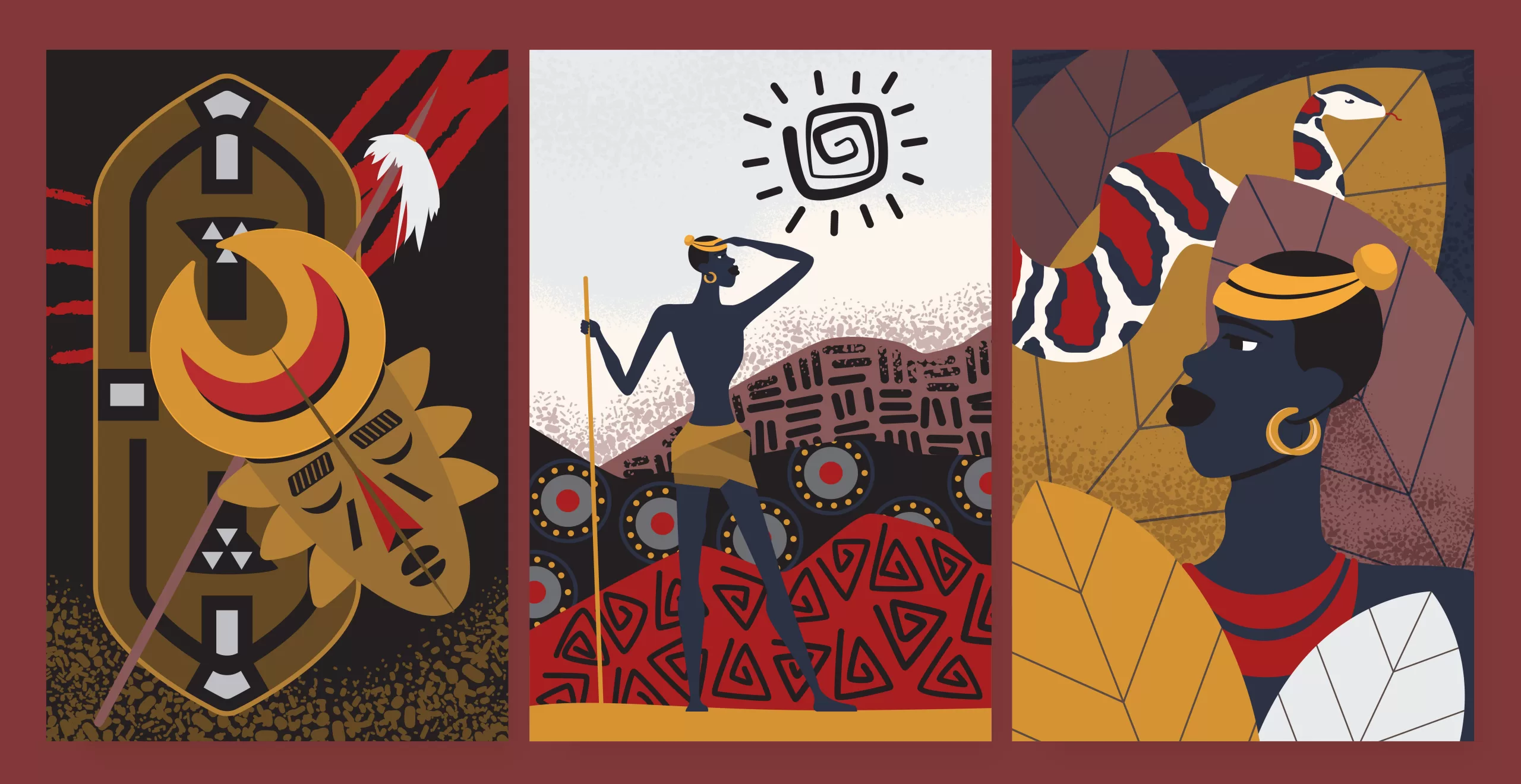 Ilustração composta por três painéis verticais inspirados na arte africana, utilizando formas geométricas e uma paleta de cores em tons de preto, vermelho, ocre, dourado, branco e marrom.
No painel da esquerda, há um escudo africano ao fundo, parcialmente coberto por uma máscara tradicional estilizada. Um chapéu de abas largas com detalhes vermelhos e uma pena branca está posicionado sobre a máscara, enquanto uma lança atravessa a composição na diagonal. O fundo escuro apresenta marcas vermelhas e texturas em tons terrosos.
No painel central, uma pessoa de pele escura, usando saia curta, brincos e um adorno na cabeça, segura um cajado e observa o horizonte com a mão sobre a testa. Ao fundo aparecem padrões geométricos, escudos decorados e um símbolo em forma de espiral representando o sol.
No painel da direita, o perfil de uma pessoa com brincos circulares dourados e adorno na cabeça ocupa o primeiro plano. Atrás dela, uma cobra com listras vermelhas, brancas e pretas se destaca entre formas geométricas que lembram rochas ou folhas. A composição combina elementos da fauna e da cultura africana em um estilo gráfico e contemporâneo.