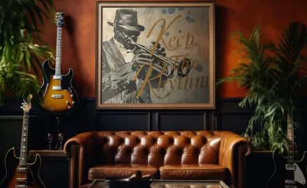 Sala com decoração musical, guitarras na parede, quadro de jazz e sofá de couro, criando um ambiente harmônico e inspirador.