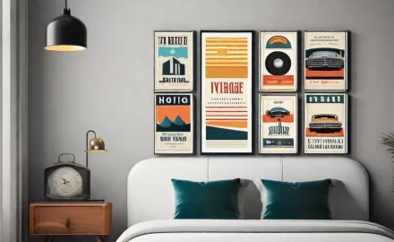 Composição de pôsteres decorativos com diferentes tamanhos acima da cama, mostrando como escolher o tamanho de pôster ideal para decoração de ambientes